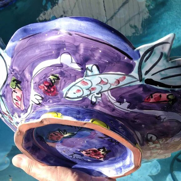 Whimsical Hand Painted Swimming Fish Ceramic Pedestal Dish by Kate & Ryan - Picture 3 of 8